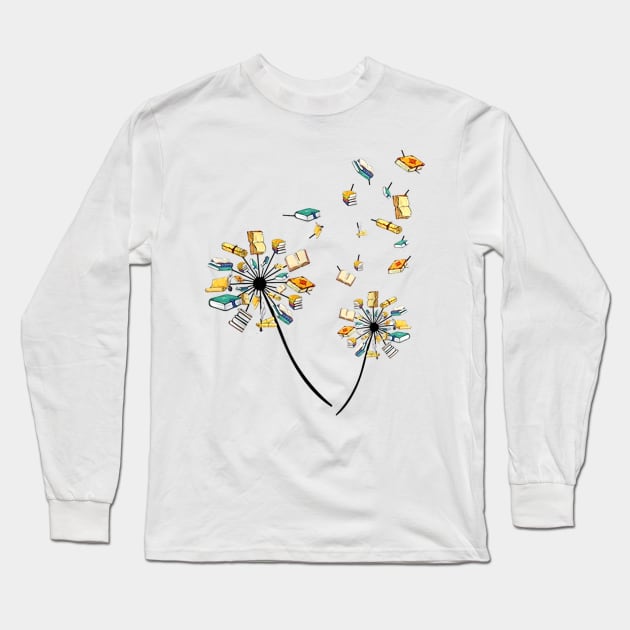 Dandelion Books Flower Fly Reading Fan Gift Long Sleeve T-Shirt by Wolfek246